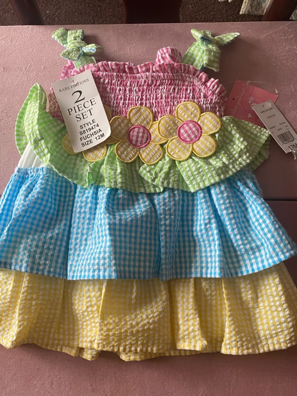 Rare Editions Floral Tiered Seersucker Baby Dress - Pink, Green, Blue, Yellow